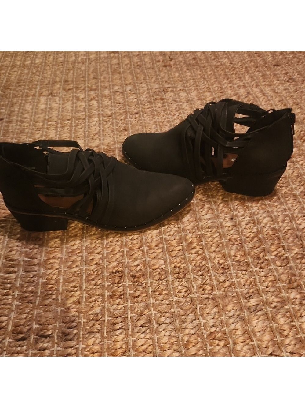 Maurices Black Ankle Cowboy Soft Leather Boots Cutouts And Strap Details